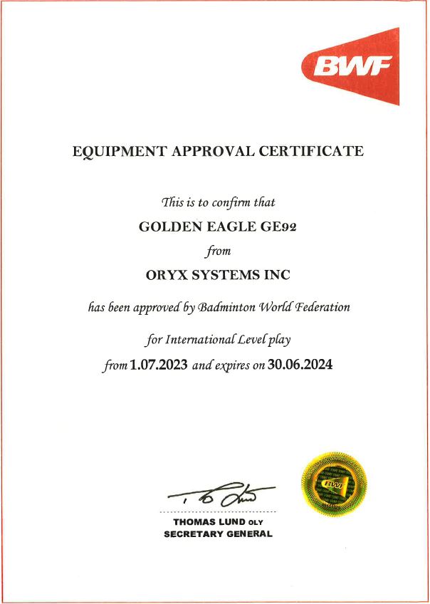 BWF Equipment Approval Certificate